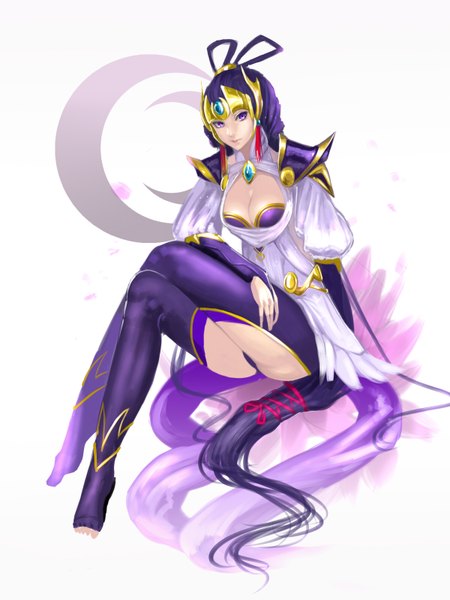 Anime picture 1200x1600 with league of legends diana (league of legends) kumiko shiba single tall image looking at viewer light erotic sitting purple eyes cleavage purple hair very long hair lips crossed legs girl ribbon (ribbons) hair ribbon clothes