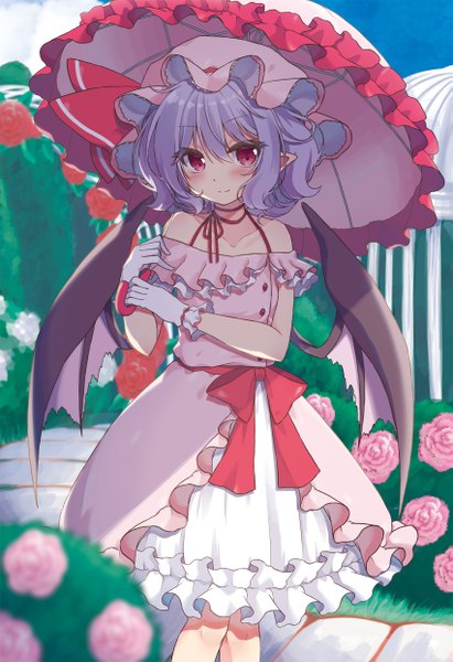 Anime picture 1701x2480 with touhou remilia scarlet beni kurage single tall image looking at viewer blush fringe highres short hair smile hair between eyes red eyes standing bare shoulders holding sky purple hair outdoors pointy ears