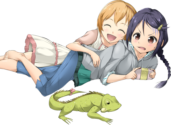 Anime picture 1678x1232 with solru (tyappygain) long hair looking at viewer blush short hair open mouth black hair blonde hair multiple girls brown eyes braid (braids) eyes closed barefoot legs transparent background girl dress 2 girls reptile lizard