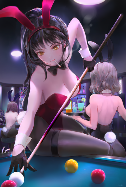 Anime picture 2766x4096 with original chowbie long hair tall image blush fringe highres short hair breasts light erotic black hair brown hair large breasts sitting bare shoulders multiple girls holding animal ears payot cleavage