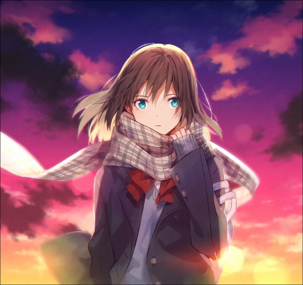 Anime picture 956x900 with original hakusai (tiahszld) single looking at viewer short hair blue eyes brown hair sky cloud (clouds) girl uniform school uniform scarf