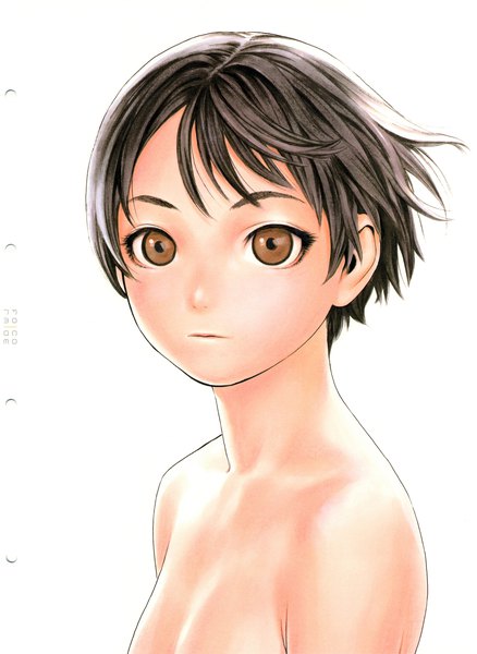 Anime picture 3000x4108 with form code (artbook) range murata single tall image looking at viewer highres short hair light erotic black hair simple background white background brown eyes upper body nude wind scan portrait expressionless girl