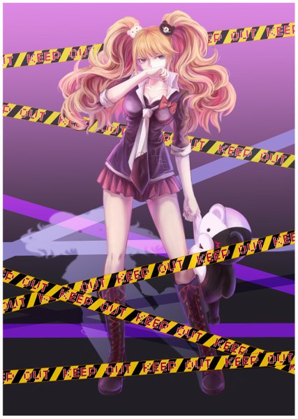 Anime picture 1770x2489 with dangan ronpa enoshima junko yih long hair tall image looking at viewer highres blue eyes standing twintails pink hair nail polish pleated skirt shadow wavy hair lacing twisty sleeves skirt animal necktie