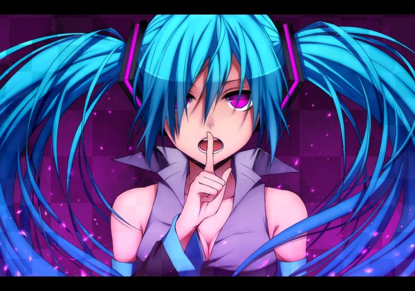 Anime picture 1600x1120 with vocaloid hatsune miku shirotaka (5choume) single long hair looking at viewer open mouth twintails bare shoulders blue hair pink eyes finger to mouth girl