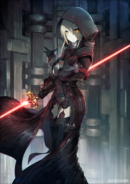 Anime picture 629x888 with fate (series) fate/grand order star wars artoria pendragon (all) mysterious heroine x (alter) (fate) k-suwabe single tall image looking at viewer fringe short hair blonde hair hair between eyes standing holding signed yellow eyes payot arm up twitter username