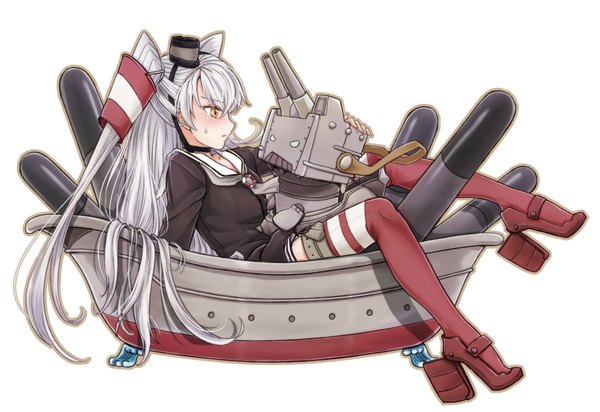 Anime picture 2394x1644 with kantai collection amatsukaze destroyer rensouhou-kun jinnimala long hair blush highres simple background white background brown eyes silver hair full body profile two side up girl thighhighs dress hair ornament hat short dress