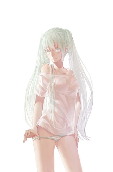Anime picture 2192x3331 with vocaloid hatsune miku momozi (mkingnight) single long hair tall image looking at viewer blush highres light erotic simple background white background twintails bare shoulders aqua eyes aqua hair bare legs undressing girl underwear
