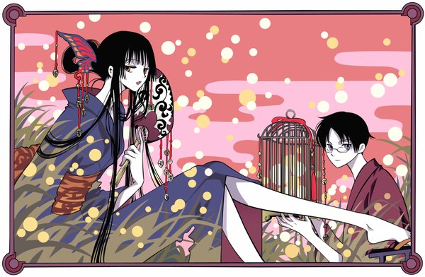 Anime picture 2000x1309 with xxxholic clamp ichihara yuuko watanuki kimihiro long hair highres short hair black hair japanese clothes egasumi girl boy hair ornament kimono hairclip fan