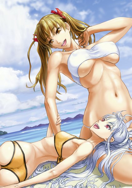 Anime picture 594x841 with valkyria chronicles alicia melchiott aliasse morisu long hair tall image fringe breasts light erotic blonde hair red eyes large breasts twintails multiple girls brown eyes sky silver hair cloud (clouds) lying fingernails