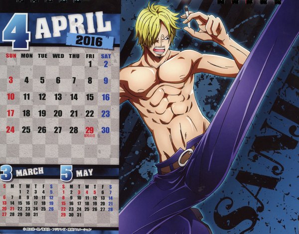 Anime picture 2318x1817 with one piece toei animation one piece body calendar 2016 sanji single fringe highres short hair open mouth blonde hair looking away bent knee (knees) scan hair over one eye character names topless eyebrows muscle fighting stance screaming