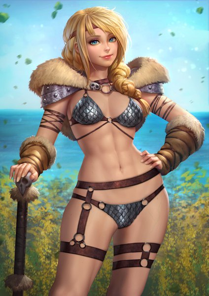 Anime picture 2480x3508 with how to train your dragon dreamworks astrid hofferson nudtawut thongmai single long hair tall image looking at viewer fringe highres blue eyes light erotic blonde hair smile standing payot sky outdoors lips realistic
