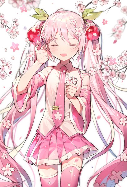 Anime picture 1205x1772 with vocaloid hatsune miku sakura miku azit (down) single tall image blush open mouth twintails holding pink hair eyes closed very long hair pleated skirt hair flower cherry blossoms girl thighhighs skirt flower (flowers)