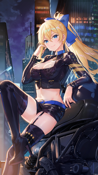 Anime picture 2250x4000 with girl cafe gun juno emmons (girl cafe gun) criin single long hair tall image looking at viewer blush fringe highres breasts blue eyes light erotic blonde hair smile hair between eyes large breasts sitting payot cleavage