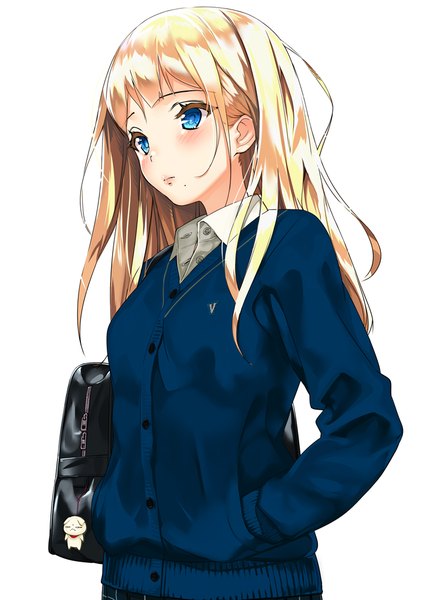 Anime picture 717x1000 with original kinugasa yuuichi single long hair tall image blush fringe blue eyes simple background blonde hair standing white background looking away upper body lips mole open collar hand in pocket mole under mouth girl
