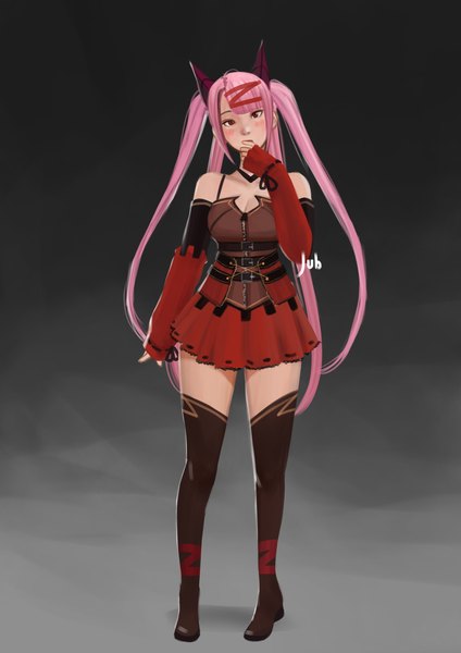 Anime picture 2480x3508 with original seoyun (jubi) jubi (regiana) single long hair tall image looking at viewer highres breasts red eyes standing twintails signed pink hair full body zettai ryouiki gradient background hand to mouth girl dress