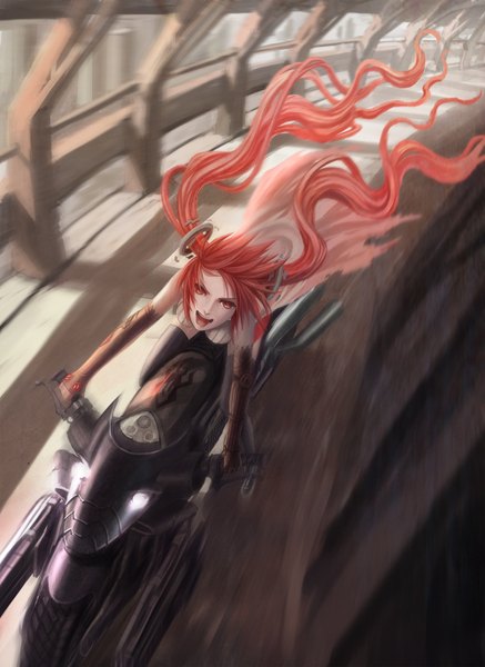 Anime picture 1000x1370 with original infukun single tall image looking at viewer open mouth red eyes twintails red hair very long hair girl thighhighs black thighhighs motorcycle
