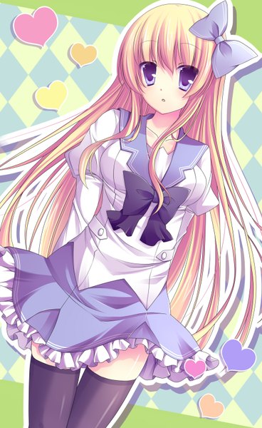 Anime picture 2000x3256 with original ringonotane (muku) single long hair tall image looking at viewer highres blonde hair purple eyes girl thighhighs skirt uniform bow black thighhighs hair bow school uniform miniskirt heart bowtie