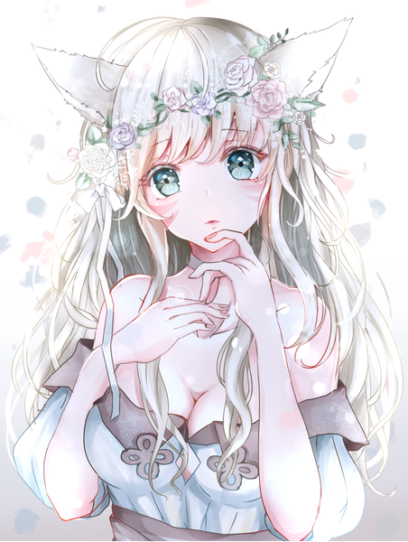 Anime picture 1000x1325 with final fantasy final fantasy xiv square enix miqo'te sakura mochiko single long hair tall image looking at viewer blush fringe breasts light erotic hair between eyes bare shoulders animal ears cleavage silver hair ahoge nail polish