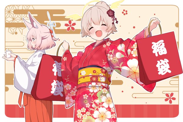 Anime picture 2527x1684 with blue archive hifumi (blue archive) niko (blue archive) zundamochi (sera) blush highres short hair open mouth blonde hair multiple girls animal ears pink hair eyes closed traditional clothes japanese clothes profile border spread arms half updo miko
