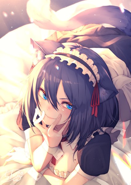 Anime picture 1417x2000 with original chita (ketchup) single tall image looking at viewer blush fringe short hair breasts blue eyes light erotic black hair smile hair between eyes signed animal ears tail lying animal tail sunlight