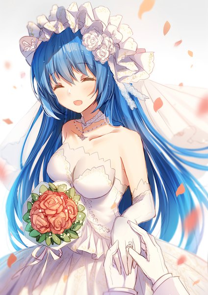 Anime picture 800x1131 with warship girls r quincy (warship girls r) bison cangshu long hair tall image blush fringe breasts open mouth simple background smile hair between eyes standing white background bare shoulders payot blue hair cleavage eyes closed hair flower