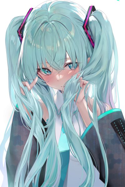 Anime picture 2489x3733 with vocaloid hatsune miku toukaiseiya single long hair tall image looking at viewer fringe highres simple background hair between eyes white background bare shoulders upper body aqua eyes aqua hair girl hair ornament detached sleeves necktie