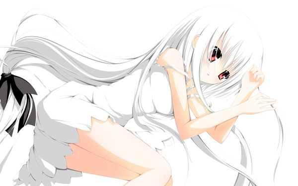 Anime picture 1920x1200 with original blush highres red eyes wide image white background white hair ribbon (ribbons)