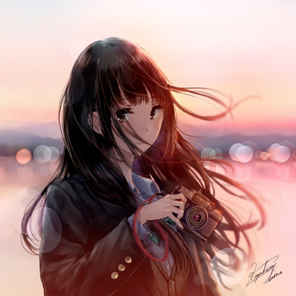 Anime picture 1080x1080 with original kazuharu kina single long hair looking at viewer blush fringe brown hair holding brown eyes signed upper body light smile wind blurry depth of field lens flare evening girl uniform