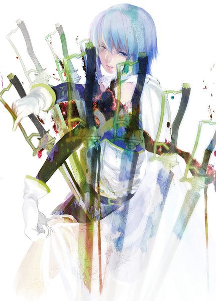 Anime-Bild 1000x1394 mit mahou shoujo madoka magica shaft (studio) miki sayaka koudaii single tall image looking at viewer fringe short hair blue eyes hair between eyes white background holding blue hair parted lips tears sheathed magical girl girl skirt