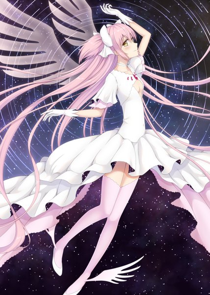 Anime picture 1000x1400 with mahou shoujo madoka magica shaft (studio) kaname madoka goddess madoka darknessukaru single tall image looking at viewer blush fringe smile hair between eyes yellow eyes pink hair full body very long hair profile arm up two side up floating hair