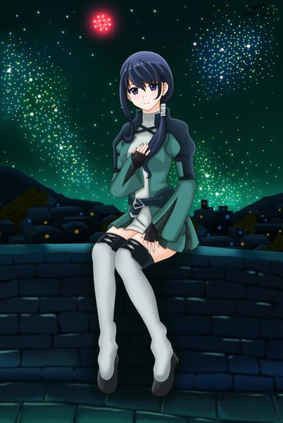 Anime picture 1500x2239 with hai to gensou no grimgar a-1 pictures merry (grimgar) nihility (artist) single long hair tall image looking at viewer blush fringe blue eyes hair between eyes sitting blue hair light smile night night sky legs village girl