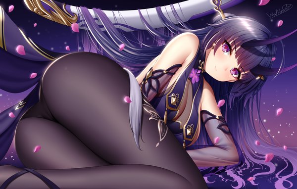 Anime picture 2200x1400 with benghuai xueyuan honkai (series) raiden mei raiden mei (herrscher of thunder) wsman single long hair looking at viewer blush fringe highres breasts light erotic smile large breasts purple eyes signed purple hair ass lying