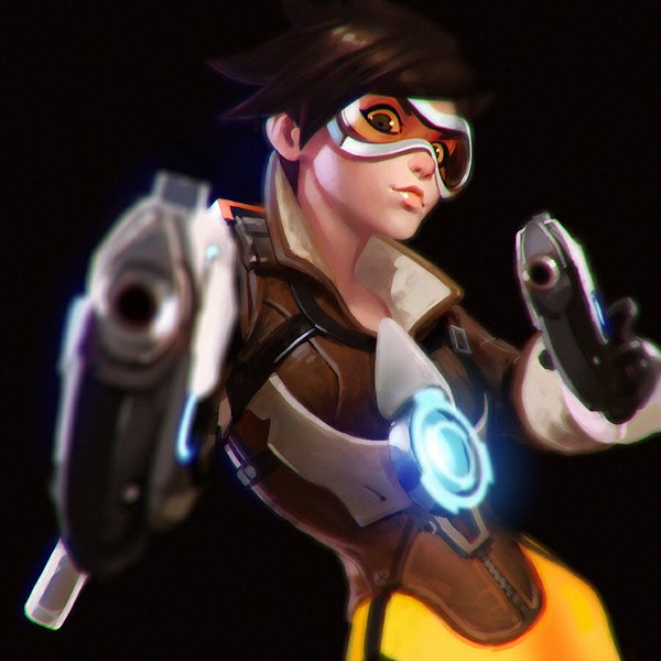 Anime picture 900x900 with overwatch blizzard entertainment tracer (overwatch) ilya kuvshinov single looking at viewer short hair simple background brown hair standing brown eyes realistic outstretched arm black background girl gloves weapon black gloves bodysuit goggles