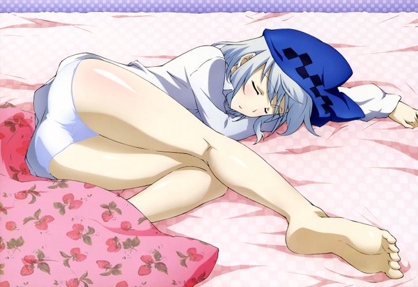 Anime picture 5944x4086 with campione! athena (campione!) nakatani asami single blush fringe highres short hair light erotic payot absurdres silver hair full body ass lying eyes closed barefoot scan official art shiny skin