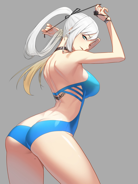 Anime picture 924x1234 with closers harpy (closers) haje single long hair tall image looking at viewer fringe breasts blue eyes light erotic blonde hair simple background hair between eyes large breasts standing bare shoulders payot ass white hair