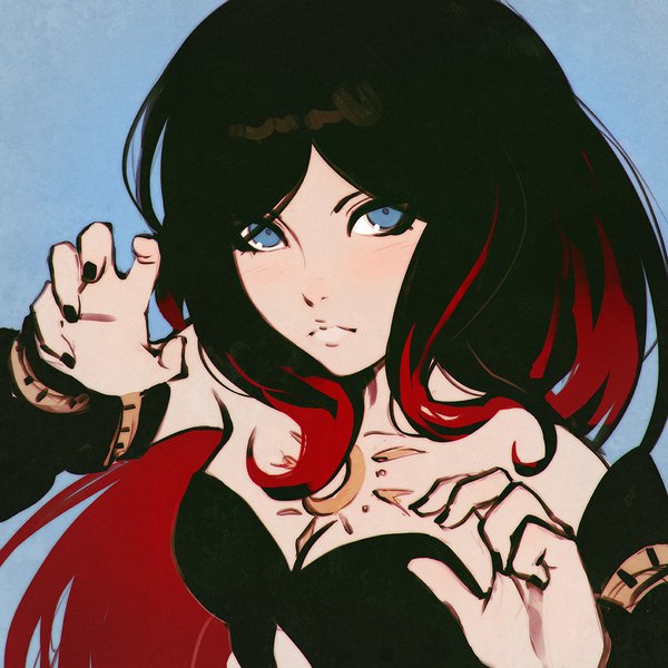 Anime picture 1080x1080 with gravity daze crow (gravity daze) ilya kuvshinov single long hair looking at viewer blush black hair simple background bare shoulders cleavage red hair nail polish multicolored hair two-tone hair blue background black nail polish girl detached sleeves