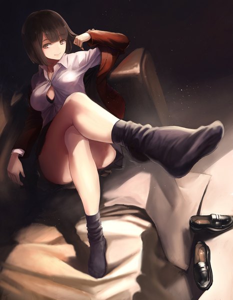 Anime picture 1113x1433 with original koh (minagi kou) single tall image looking at viewer fringe short hair breasts light erotic smile brown hair large breasts sitting brown eyes blunt bangs long sleeves open clothes crossed legs reclining shoes removed