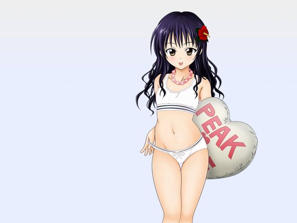 Anime picture 1600x1200 with toloveru xebec yuuki mikan long hair looking at viewer light erotic simple background yellow eyes purple hair hair flower legs underwear only girl navel hair ornament underwear panties flower (flowers) tongue pillow