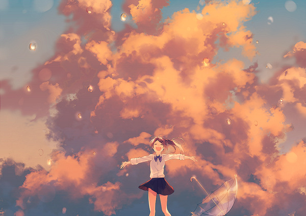 Anime picture 1000x706 with original achiki single long hair open mouth brown hair standing sky cloud (clouds) eyes closed pleated skirt bare legs side ponytail happy spread arms rain transparent umbrella laughing girl skirt