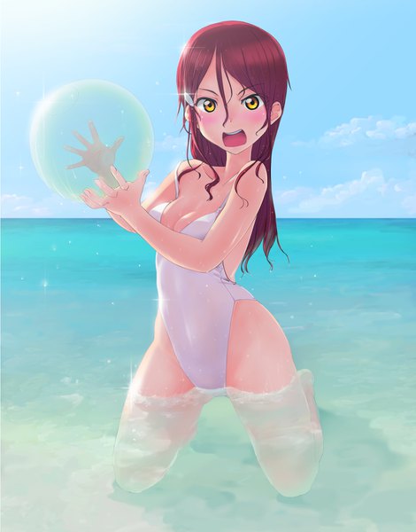 Anime picture 1191x1520 with love live! sunshine!! sunrise (studio) love live! sakurauchi riko une single long hair tall image looking at viewer blush fringe breasts open mouth light erotic hair between eyes holding yellow eyes sky cleavage cloud (clouds)
