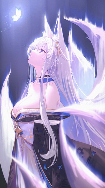Anime picture 720x1280 with azur lane shinano (azur lane) whitem (whiteemperor2020) single tall image fringe breasts light erotic simple background hair between eyes large breasts standing purple eyes bare shoulders animal ears cleavage silver hair tail very long hair traditional clothes