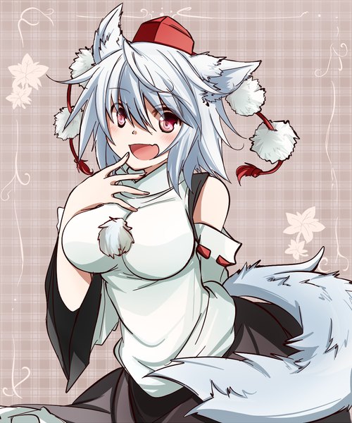 Anime picture 1200x1440 with touhou inubashiri momiji asyuaffw single tall image looking at viewer blush short hair open mouth red eyes bare shoulders animal ears white hair tail animal tail wolf ears wolf tail wolf girl girl detached sleeves
