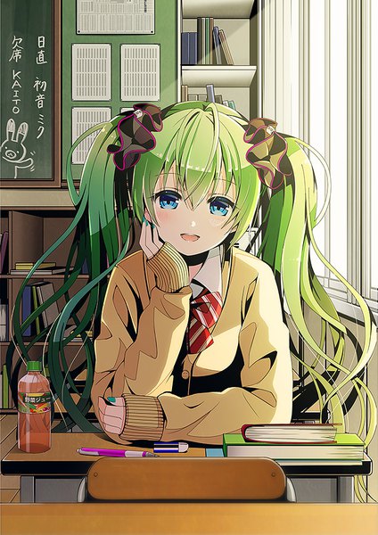 Anime picture 672x950 with vocaloid hatsune miku yuuka nonoko single long hair tall image looking at viewer blush fringe open mouth blue eyes smile hair between eyes sitting twintails nail polish head tilt :d green hair head rest