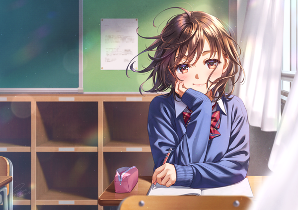 Anime picture 1745x1228 with original morikura en single looking at viewer blush fringe highres short hair smile brown hair holding brown eyes signed upper body ahoge indoors long sleeves dated sleeves past wrists head rest