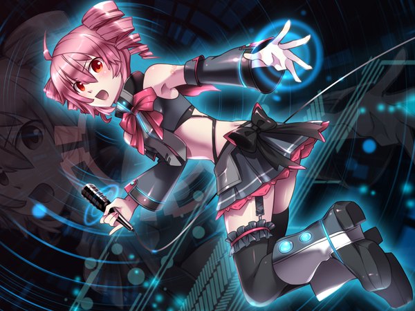 Anime picture 1600x1200 with utau kasane teto caffein single open mouth red eyes pink hair drill hair zoom layer girl skirt bow detached sleeves miniskirt microphone