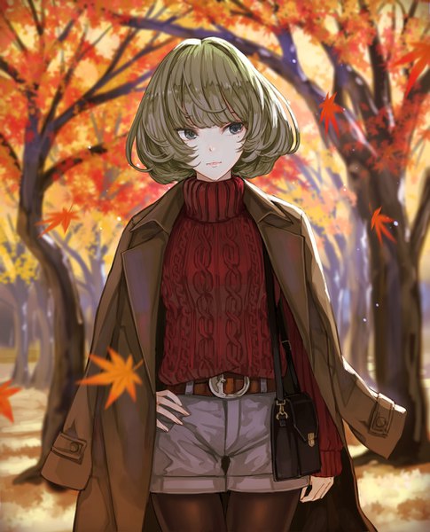 Anime picture 1000x1238 with idolmaster idolmaster cinderella girls takagaki kaede kaoming single tall image fringe short hair standing looking away outdoors blunt bangs parted lips green hair blurry open clothes mole grey eyes depth of field hand on hip