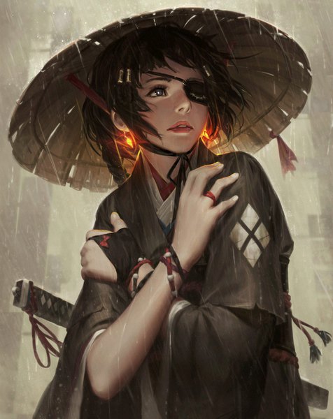 Anime-Bild 1000x1261 mit original guweiz single tall image short hair black hair looking away upper body traditional clothes parted lips japanese clothes fingernails lips black eyes realistic wide sleeves teeth lipstick glowing looking up