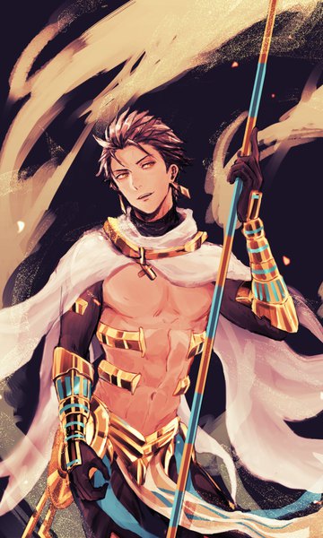 Anime picture 588x980 with fate (series) fate/prototype ozymandias (fate) saryo single tall image short hair black hair red eyes standing looking away parted lips wind muscle sand abs boy gloves navel earrings