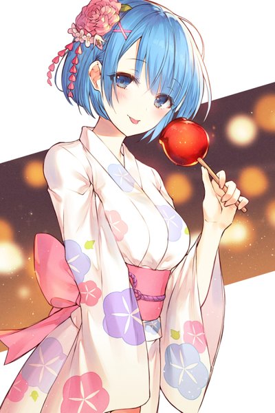 Anime picture 600x900 with re:zero kara hajimeru isekai seikatsu white fox rem (re:zero) kh (kh 1128) single tall image looking at viewer blush fringe short hair breasts blue eyes simple background standing holding blue hair traditional clothes japanese clothes wide sleeves floral print