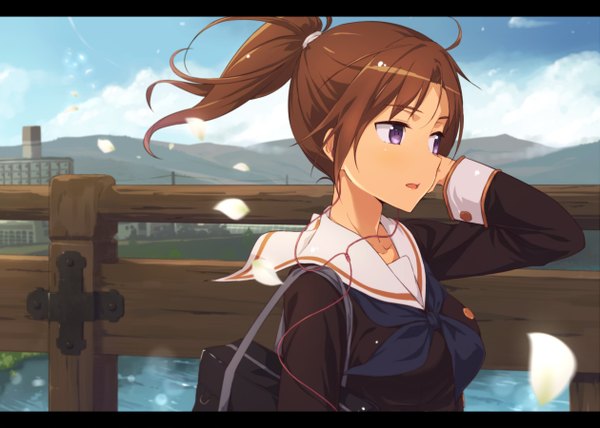 Anime picture 1259x900 with hibike! euphonium kyoto animation nakagawa natsuki kinta (distortion) single long hair open mouth brown hair purple eyes looking away sky cloud (clouds) ponytail wind letterboxed walking hand on cheek girl uniform petals